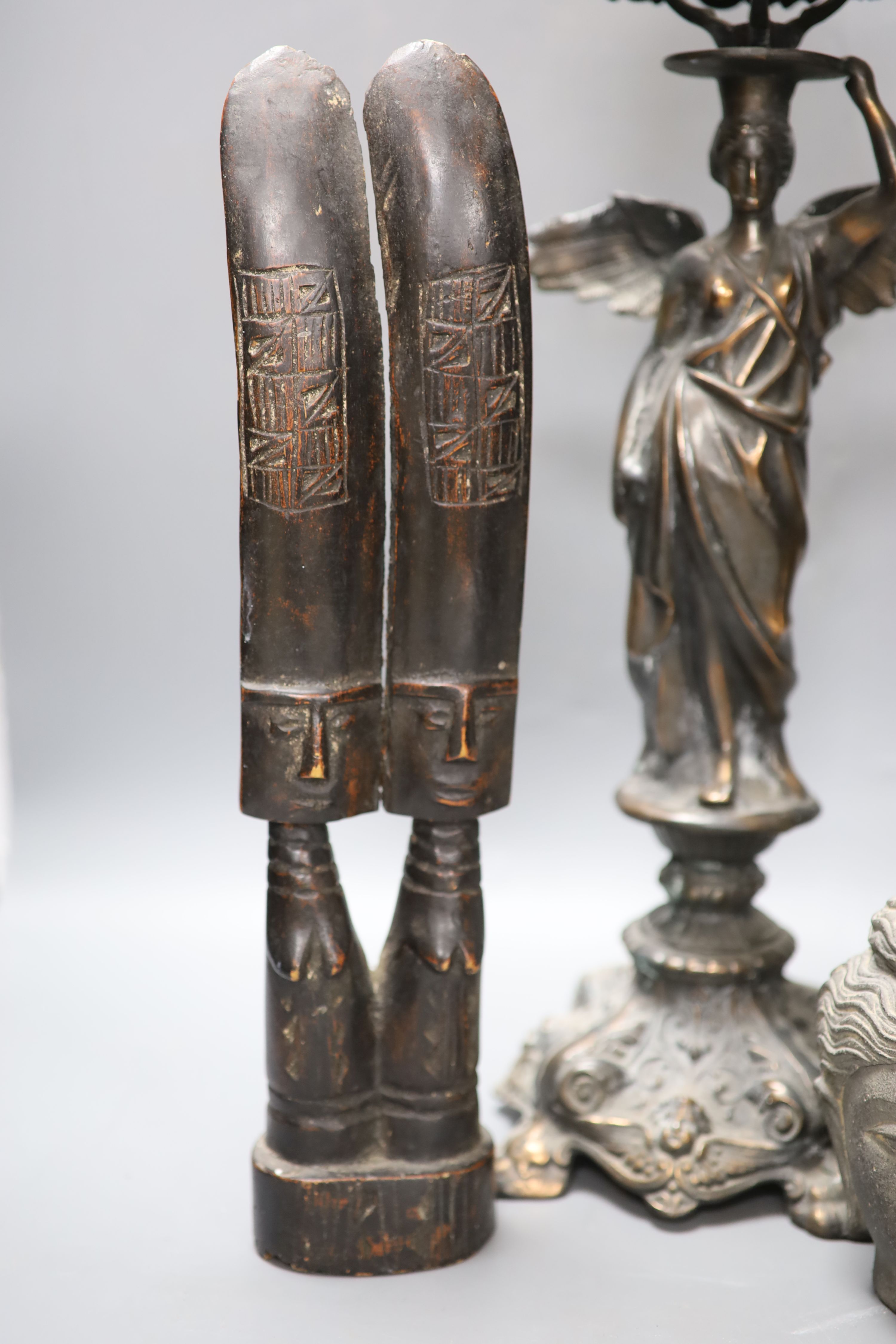 An oxidised copper figural table lamp, height 58cm, and three other items